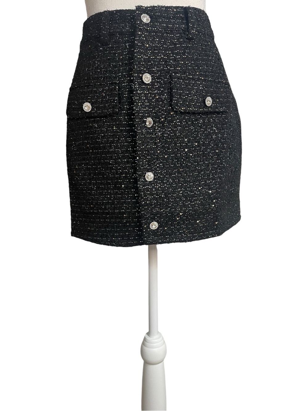 Lulus Posh Reputation Tweed Rhinestone Button-Front Mini Skirt Black